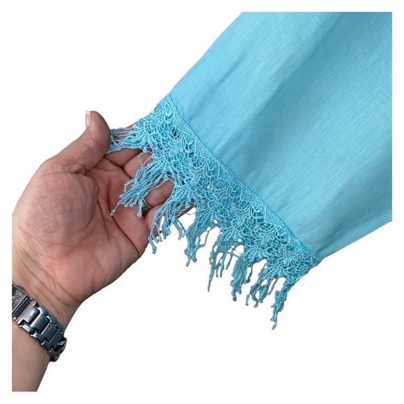 Lily Stanhope Ocean‎ Blue 100% Linen Lace Beads Beachy Blouse Tunic Cover-Up - Picture 6 of 6